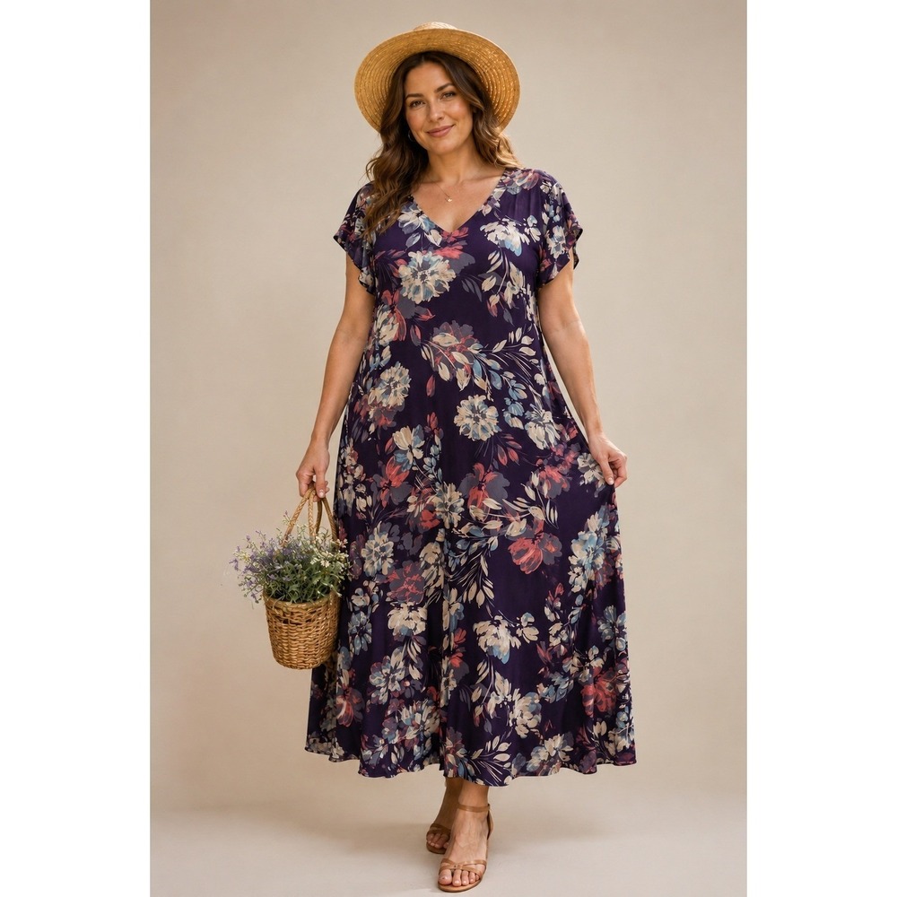 J. Jill Floral Midi Dress XL Purple V-Neck Short Sleeve Cottage Botanical Boho